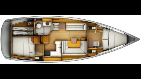 Jeanneau Sun Odyssey 419 : plan d'aménagement 2 cabines 1 cabinet de toilette Jeanneau Sun Odyssey 419 : plan d'aménagement 2 cabines 1 cabinet de toilette