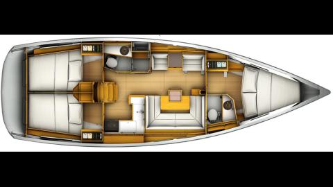 Jeanneau Sun Odyssey 419 : plan d'aménagement 3 cabines 2 cabinets de toilette Jeanneau Sun Odyssey 419 : plan d'aménagement 3 cabines 2 cabinets de toilette