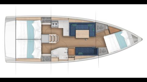 Sun Odyssey 380 : Plan d'aménagement version 3 cabines une salle d'eau Sun Odyssey 380 : Plan d'aménagement version 3 cabines une salle d'eau