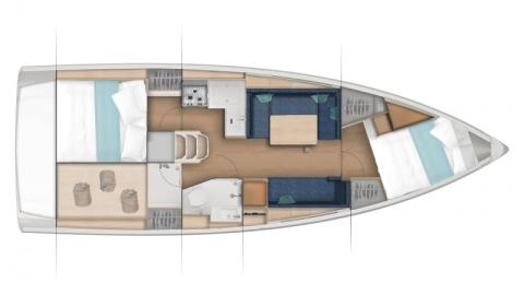 Sun Odyssey 380 : Plan d'aménagement version 2 cabines une salle d'eau Sun Odyssey 380 : Plan d'aménagement version 2 cabines une salle d'eau