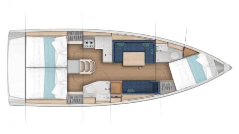 Sun Odyssey 380 : Plan d'aménagement version 3 cabines deux salles d'eau Sun Odyssey 380 : Plan d'aménagement version 3 cabines deux salles d'eau