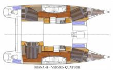 Fountaine Pajot Orana 44 : plan d'aménagement de la version 4 cabines